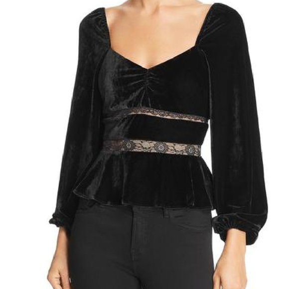 SAYLOR Tops - Saylor Juliet Inspired Black Velvet and Lace Top with Peplum NEW Size M